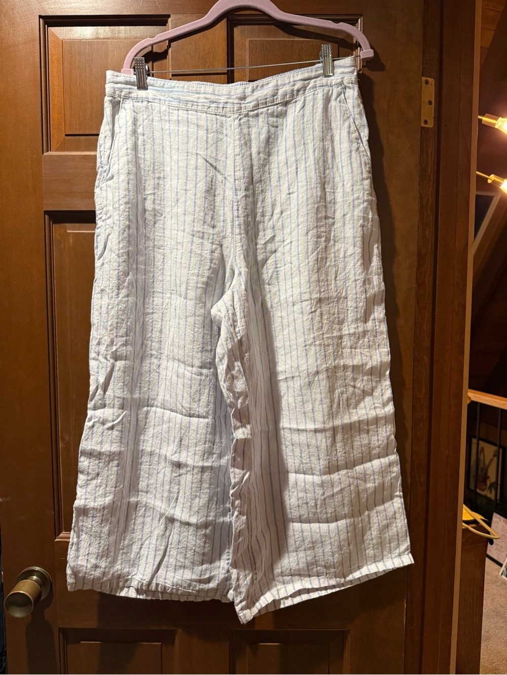 Martha Stewart White Wide-Leg Linen Blend Pants with Light Blue Pinstripes